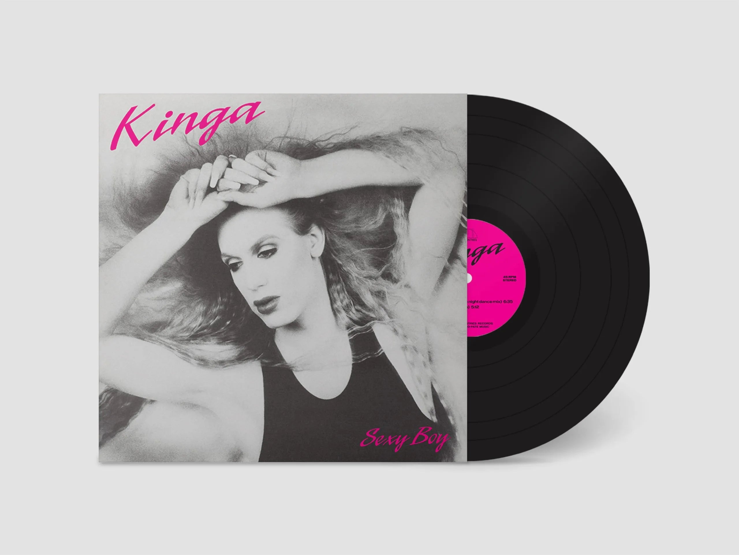 Vinyl record with a cover featuring a woman and the word 'Kinga' on a white background