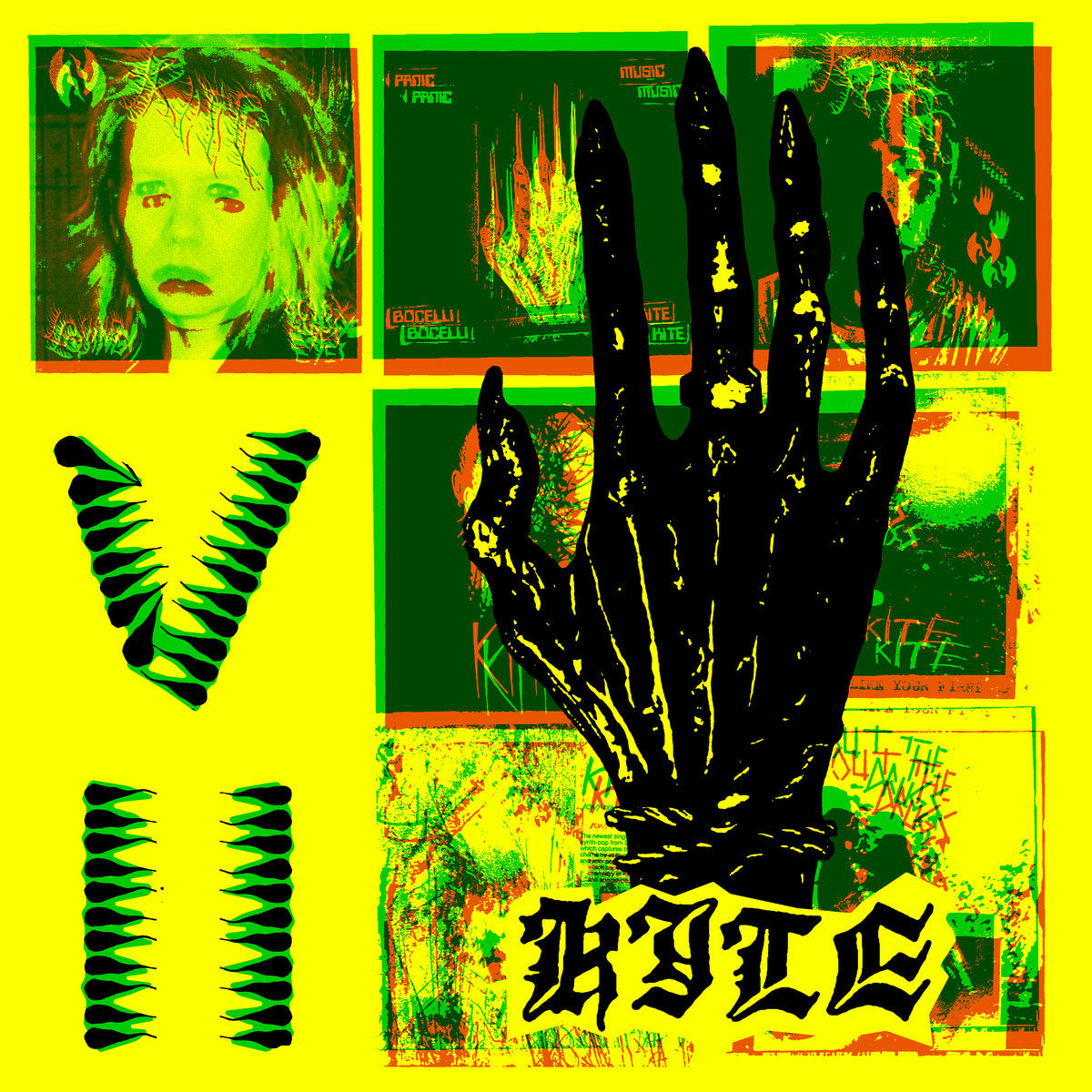 Album cover for Kite's "VII" featuring an artistic collage with black hand, ribcage, and 'BYTE' text on a yellow background