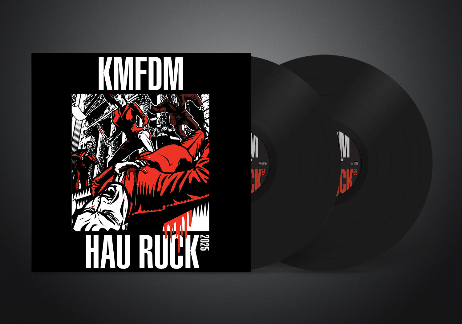 Vinyl record with KMFDM album cover featuring an illustration of a massacre.