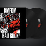 Vinyl record with KMFDM album cover featuring an illustration of a massacre.