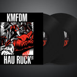 Vinyl record with KMFDM album cover featuring an illustration of a massacre.