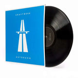 Kraftwerk's 'Autobahn' record with blue cover featuring white logo and text on a white background