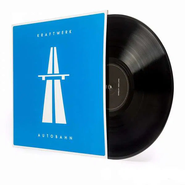 Kraftwerk's 'Autobahn' record with blue cover featuring white logo and text on a white background
