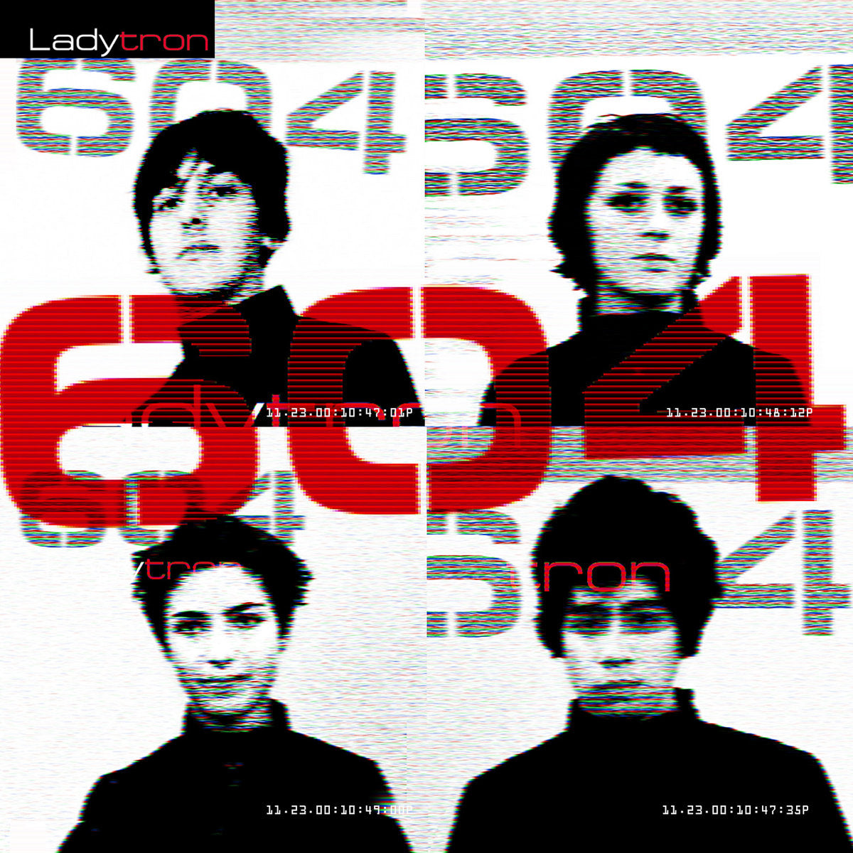 Album cover for Ladytron's '604' featuring the band members portraits and branding on a patterned background.