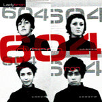Album cover for Ladytron's '604' featuring the band members portraits and branding on a patterned background.