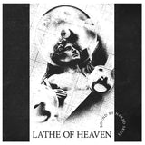 Album cover for 'Lathe of Heaven' with a black and white illustration of a statue.