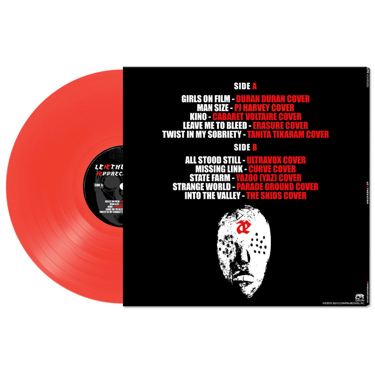 Red vinyl record with black cover featuring album tracklist and face illustration on a white background