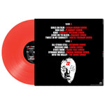Red vinyl record with black cover featuring album tracklist and face illustration on a white background