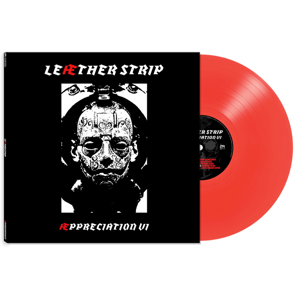 Vinyl record with black and red design featuring a face and text on a white background