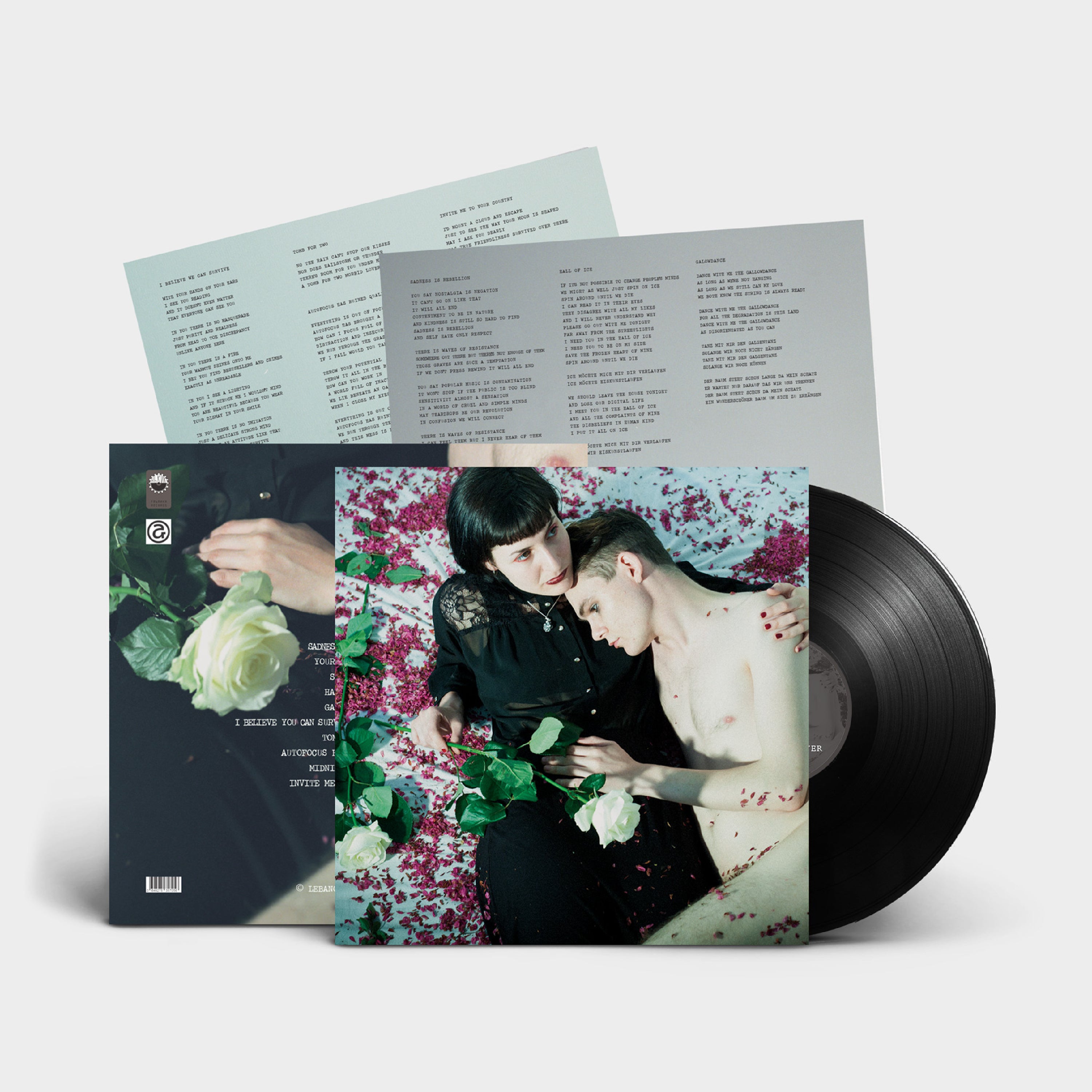 Vinyl record with a cover featuring two people and floral elements on a light gray background.