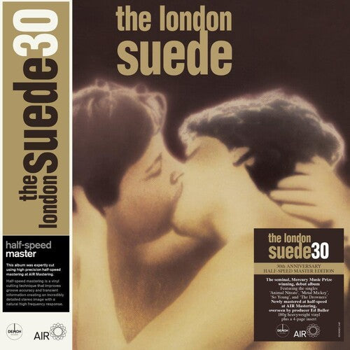 Album cover for 'The London Suede 30th anniversary self-titled' album with a sepia-toned image of two people kissing