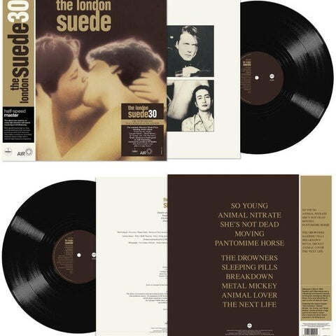 Album cover, back, and inserts for 'The London Suede 30th anniversary self-titled' album with a sepia-toned image of two people kissing