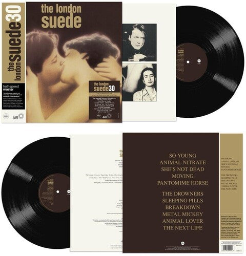 Album cover, back, and inserts for 'The London Suede 30th anniversary self-titled' album with a sepia-toned image of two people kissing