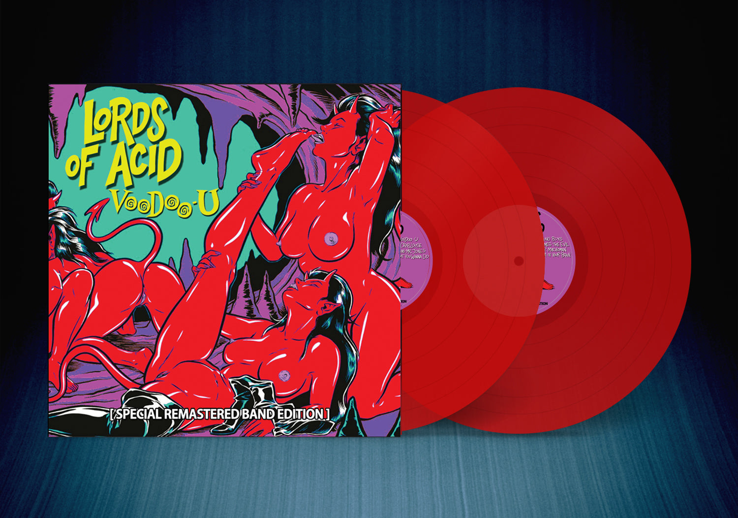 Red vinyl record with colorful cover featuring artistic design and text on a dark background