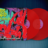 Red vinyl record with colorful cover featuring artistic design and text on a dark background