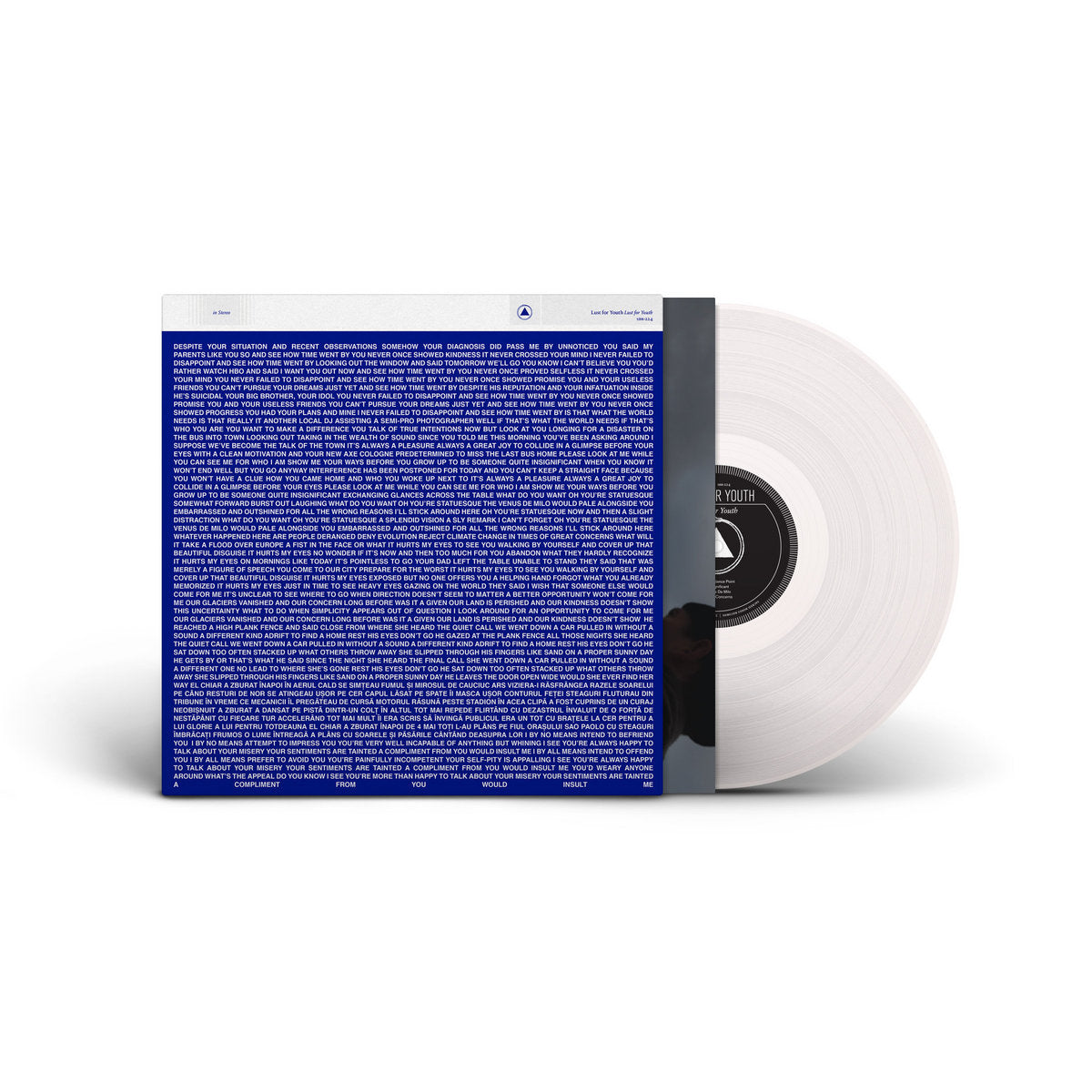 Clear vinyl record with a blue text cover on a white background