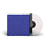 Clear vinyl record with a blue text cover on a white background