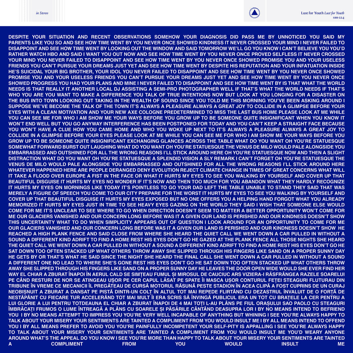 Album coer for Lust For Youth's self-titled with a text message on a blue background with a visible brand logo.