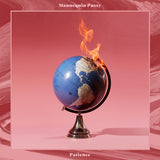 Album cover for Mannequin Pussy's 'Patience'  featuring a flaming globe on a pink background with text 'Mannequin Pussy' and 'Patience'.