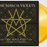 Vinyl record with black cover featuring gold star design and text about 'The March Violets' and 'Big Soul Kiss'.