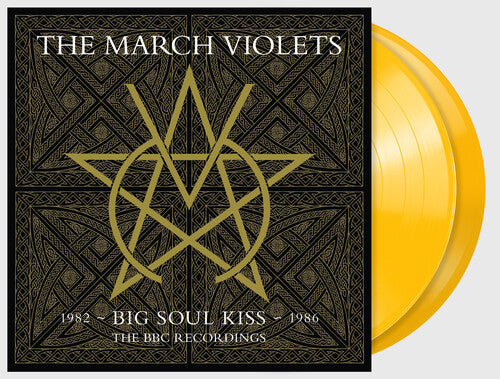 Vinyl record with black cover featuring gold star design and text about 'The March Violets' and 'Big Soul Kiss'.