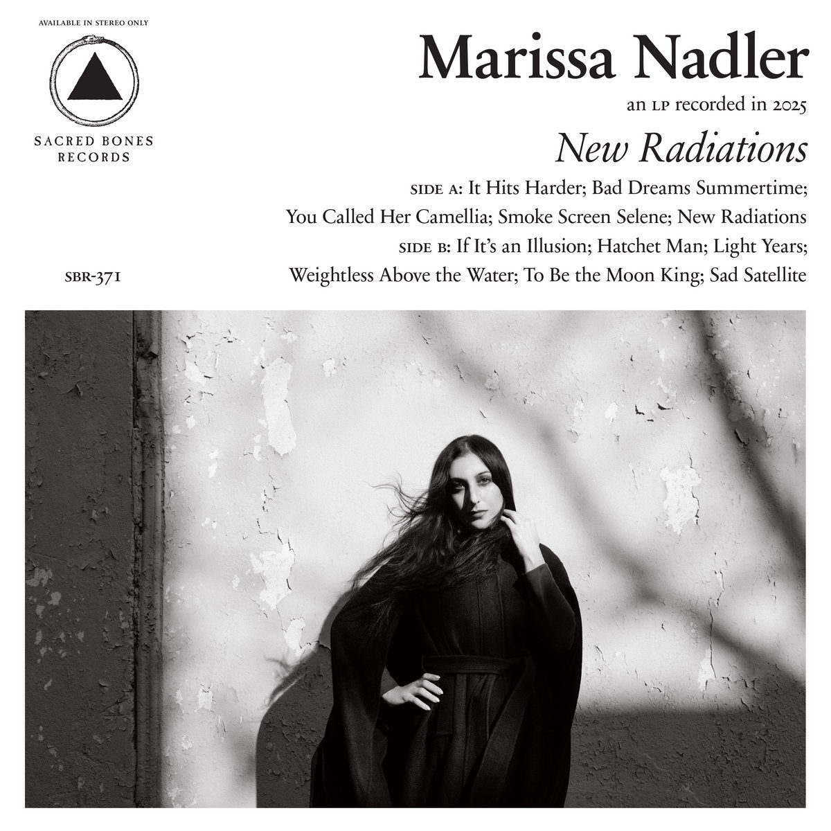 Album cover with a person in a black dress against a textured wall, featuring text about Marissa Nadler's 'New Radiations' album.