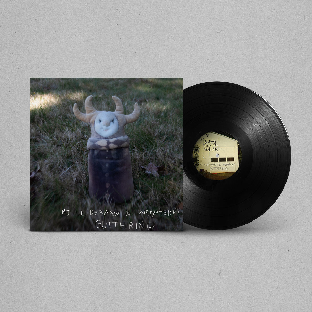 Vinyl record with cover featuring a creature in a field on a gray background
