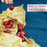 Album cover for Nation of Language's 'Dance Called Memory' with cherries and text on a blue background