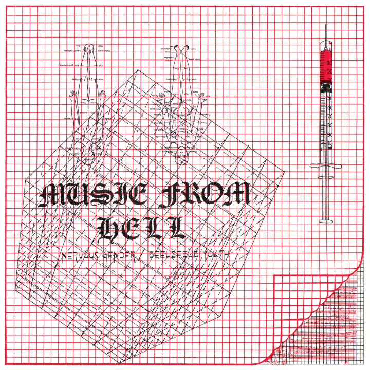 Album cover with 'Music from Hell' from Nervous Gender text on a grid background