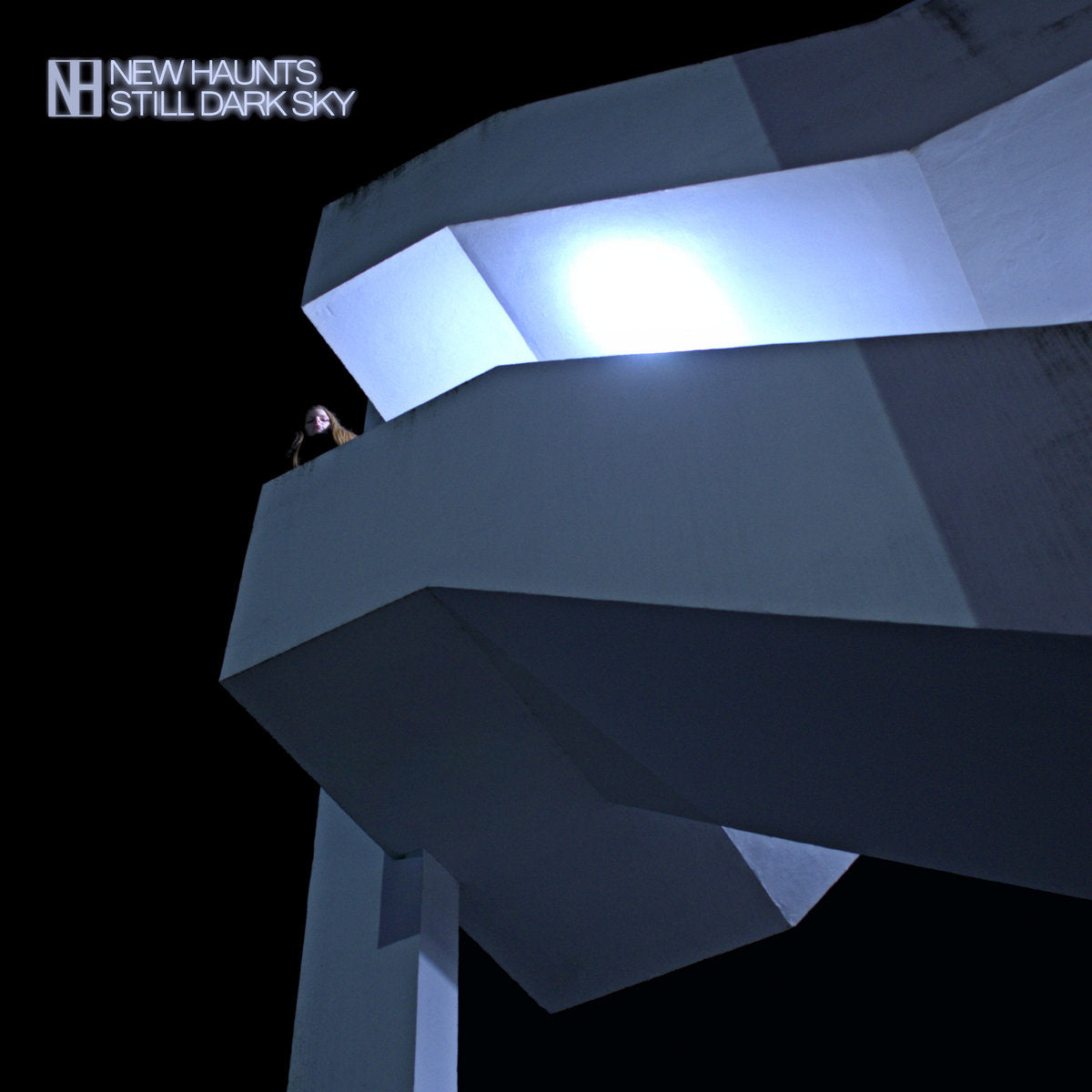 Surreal scene with geometric shapes and a bright light source against a dark background, featuring the text 'NEWHAUNTS STILL DARK SKY'.