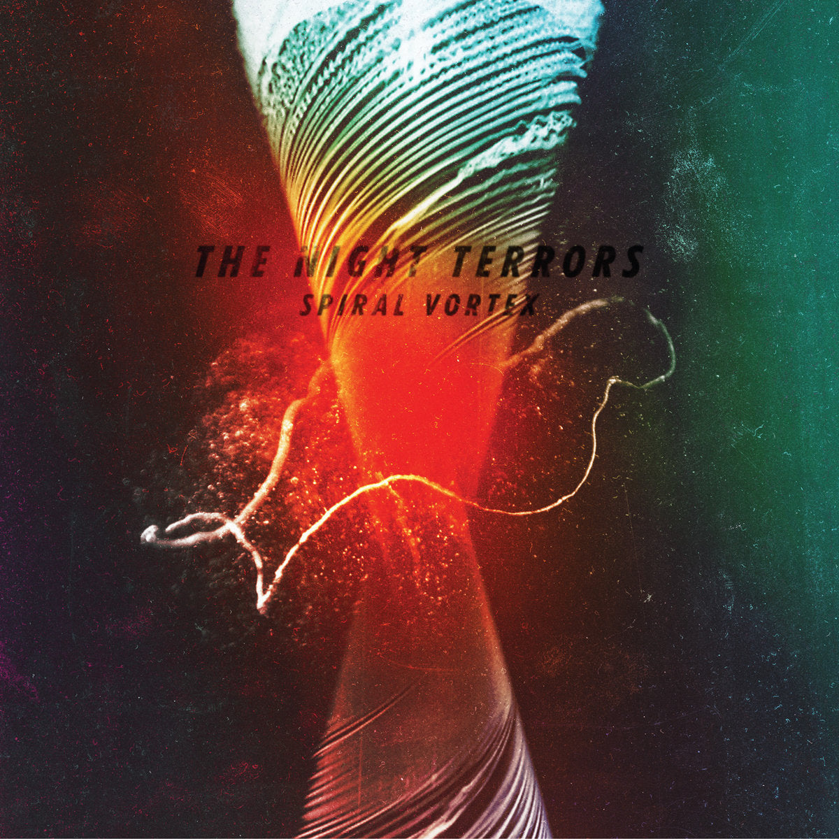 Album cover with album and band name text and red and green toned vortex.