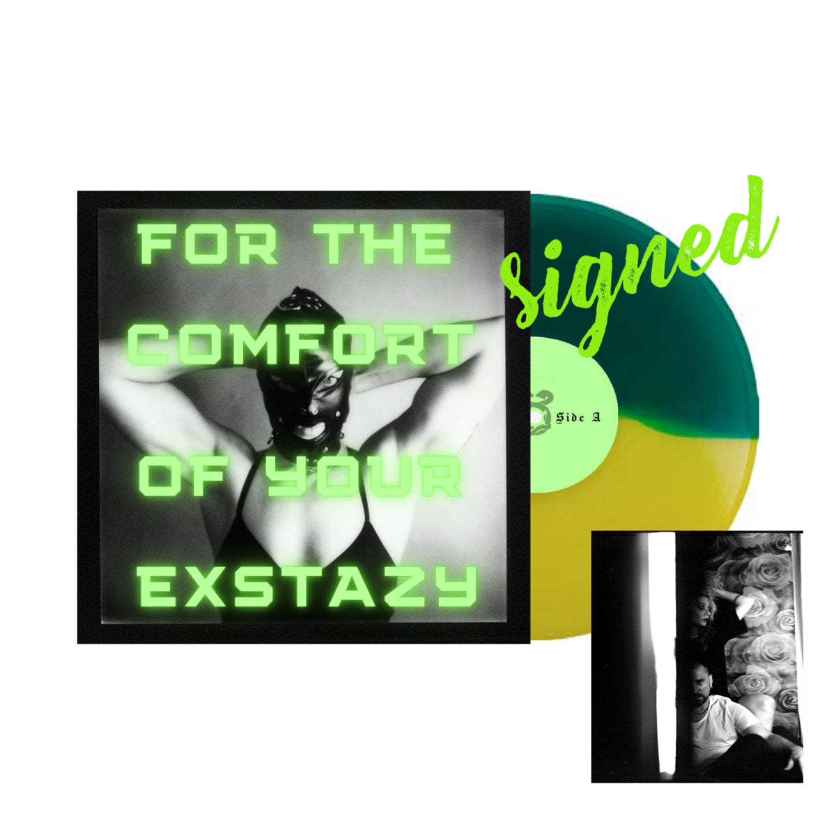 Vinyl record with black and white cover featuring text and a person, signed on top right corner.