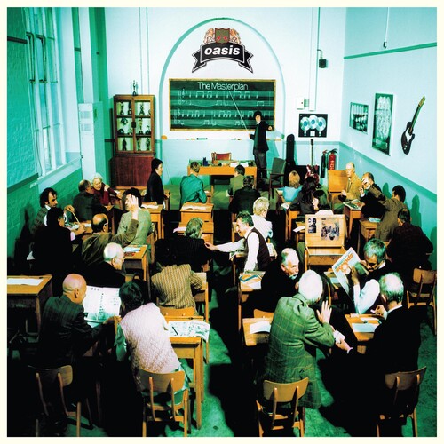Album cover for 'The Masterplan' by Oasis featuring a classroom scene with students and teacher, Oasis album cover design.
