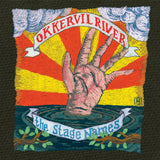 Album cover for Okkervil River's 'The Stage Names' with embroidered patch with a hand reaching into water, sunset, and text 'OKKERVIL RIVER' and 'the Stage Names'.