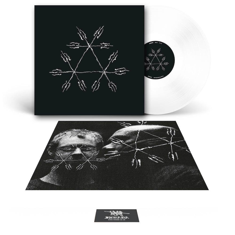 Vinyl record set with black and white design on cover and label