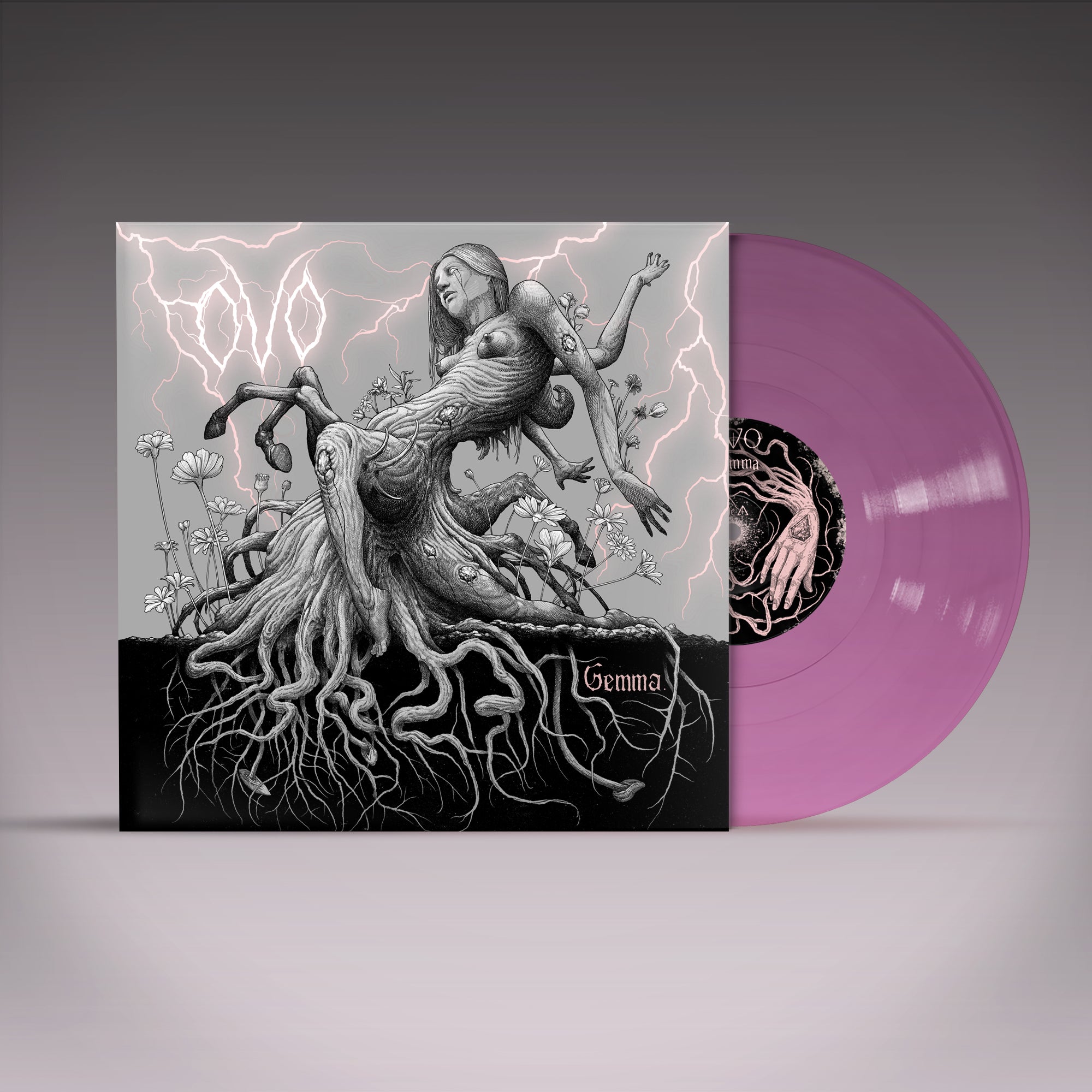 Vinyl record with a stylized cover featuring a woman and roots on a gray background