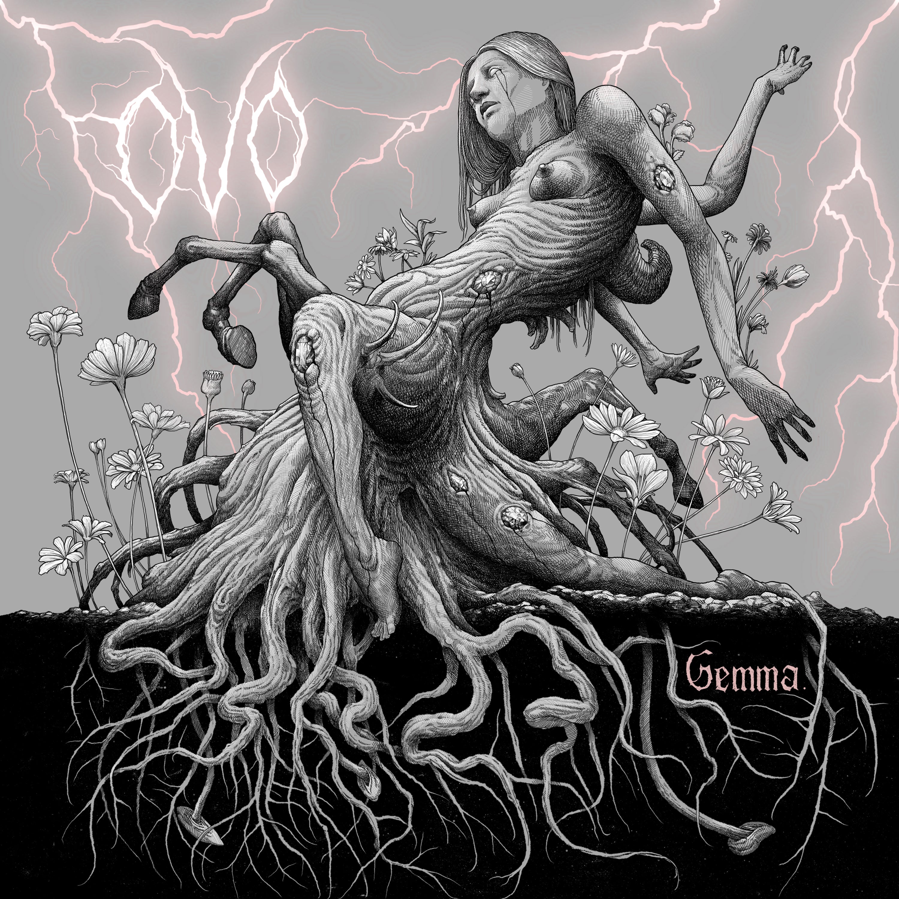 Album cover for Ovo - Gemma featuring an artistic depiction of a woman intertwined with tree roots against a gray background with lightning effects.