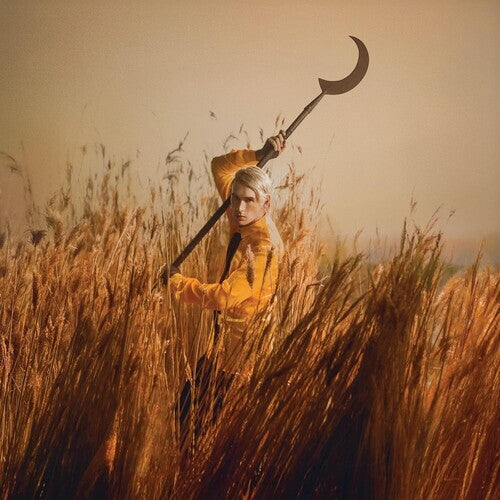 Album cover for Patrick Wolf's featuring a person in a yellow coat holding a large black tool in a field of tall grass with a warm, sepia-toned filter.