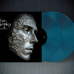 Vinyl record with a stylized face design on the cover and blue vinyl disc.