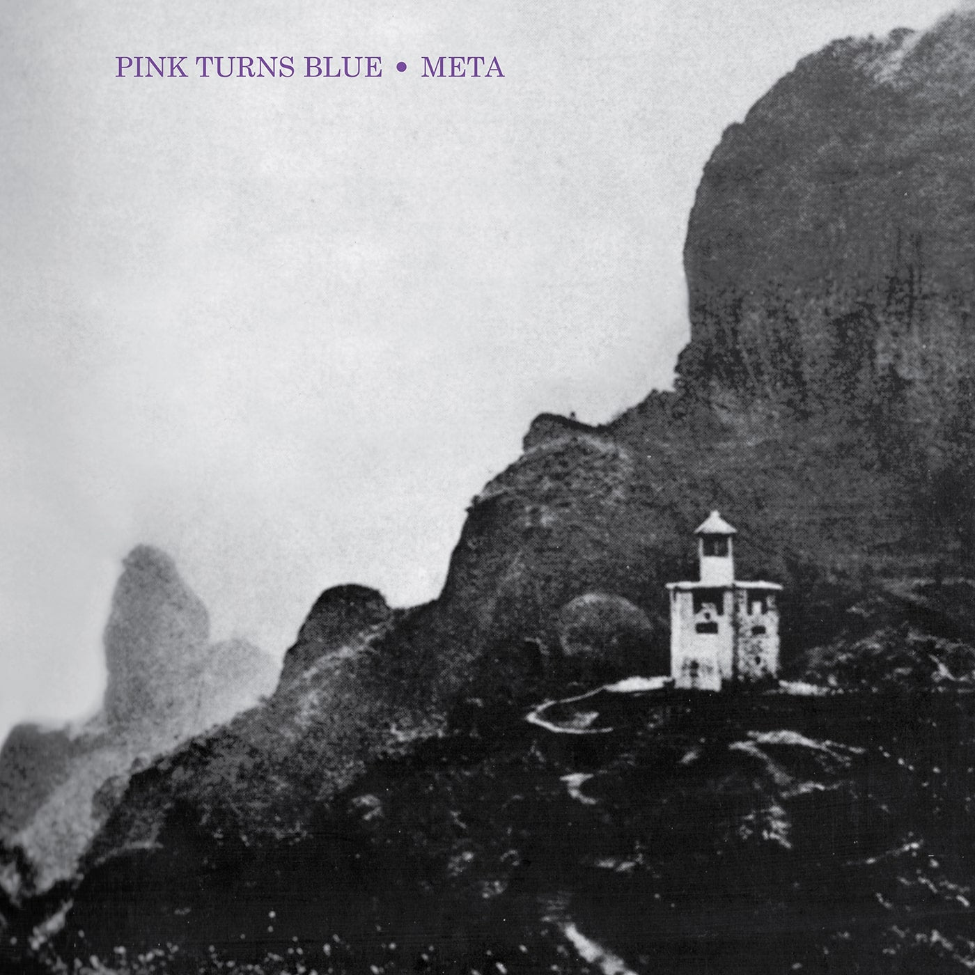 Album cover with a lighthouse on a rocky cliff and text 'Pink Turns Blue Meta'.