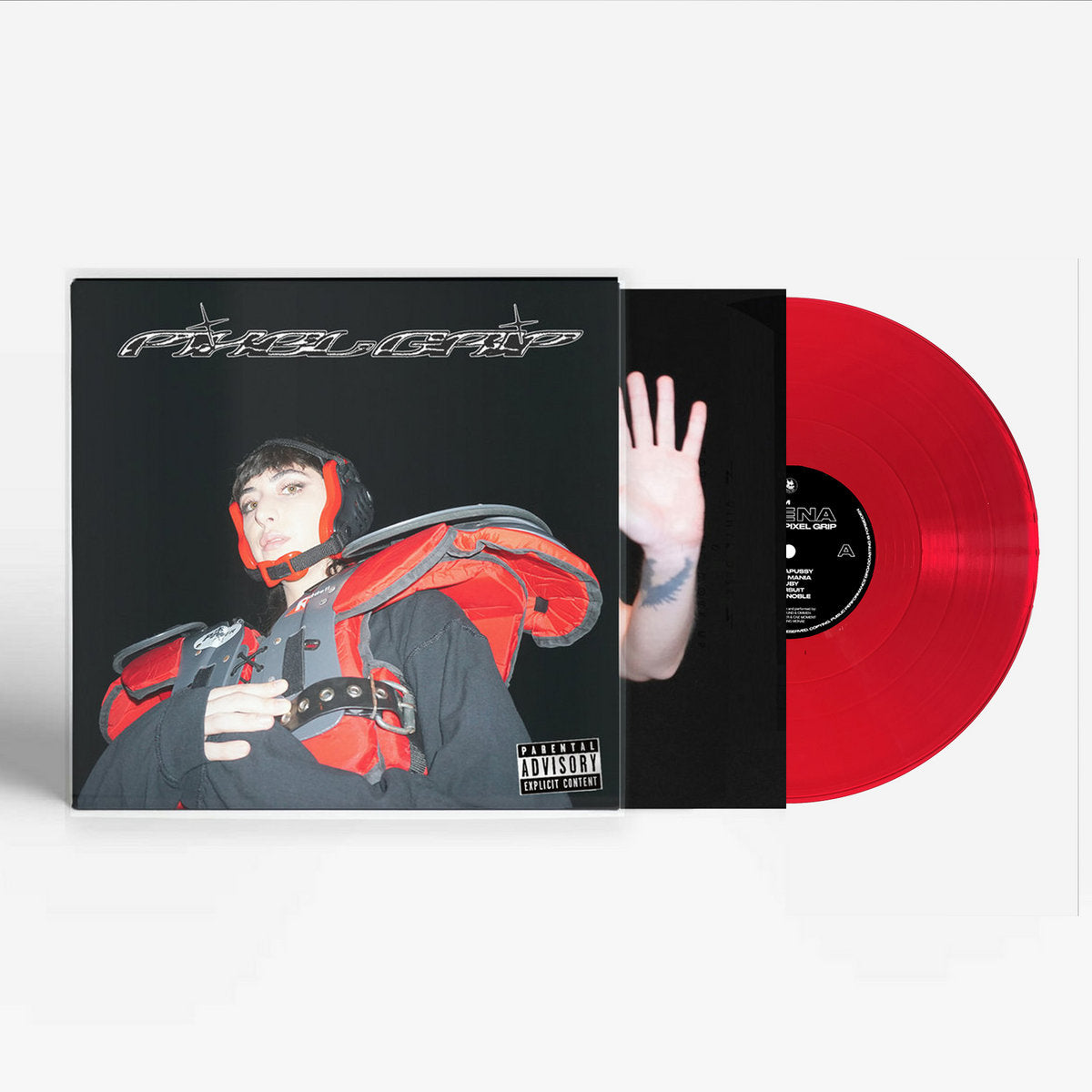 Vinyl record with a black cover featuring a person in a red and black outfit, on a white background.