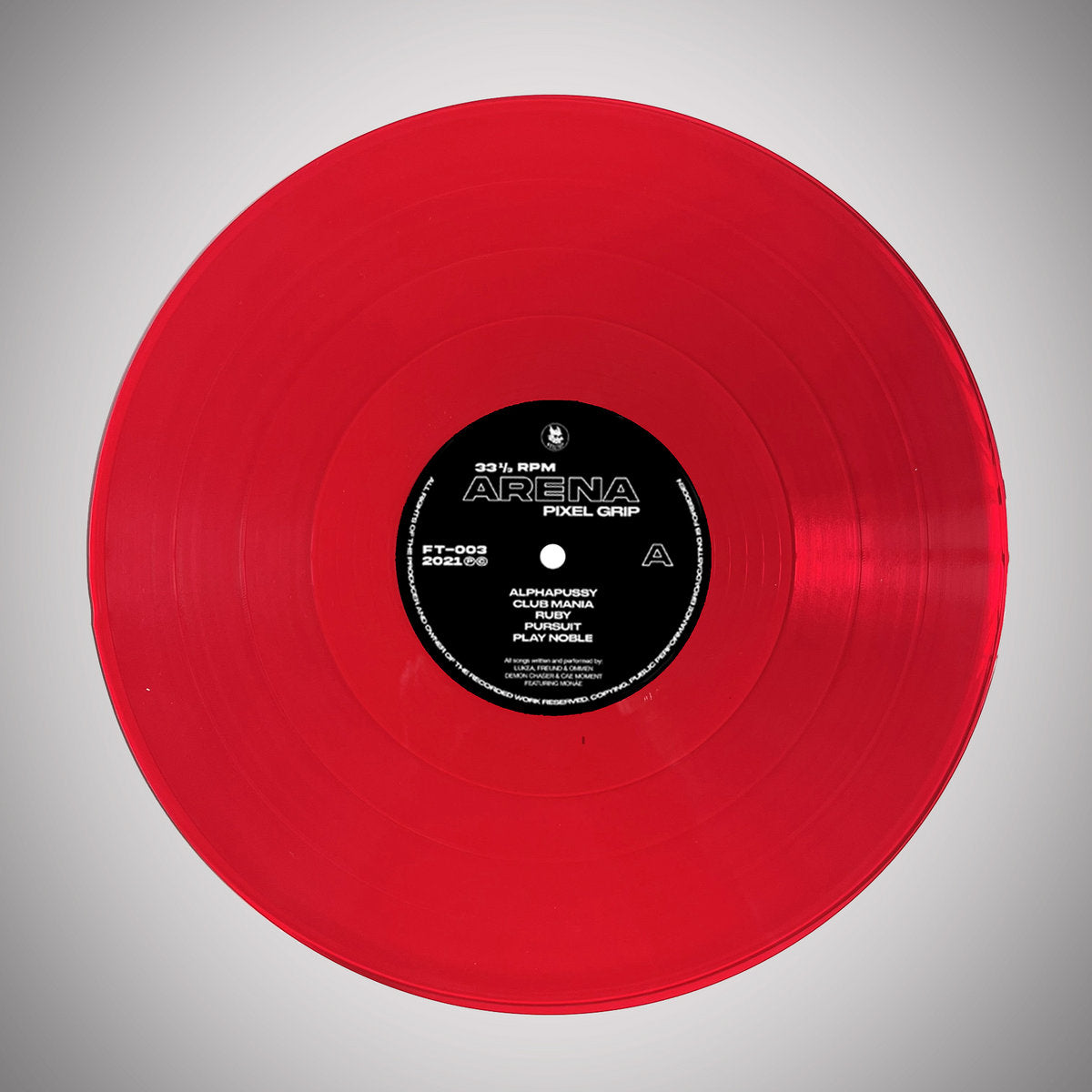 Red vinyl record with a black label on a gray background