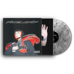 Vinyl record with a black cover featuring a person in red and black gear, and a clear vinyl disc.