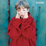 Album cover for Placebo's self-titled with a child wrapped in a red blanket against a textured blue background.