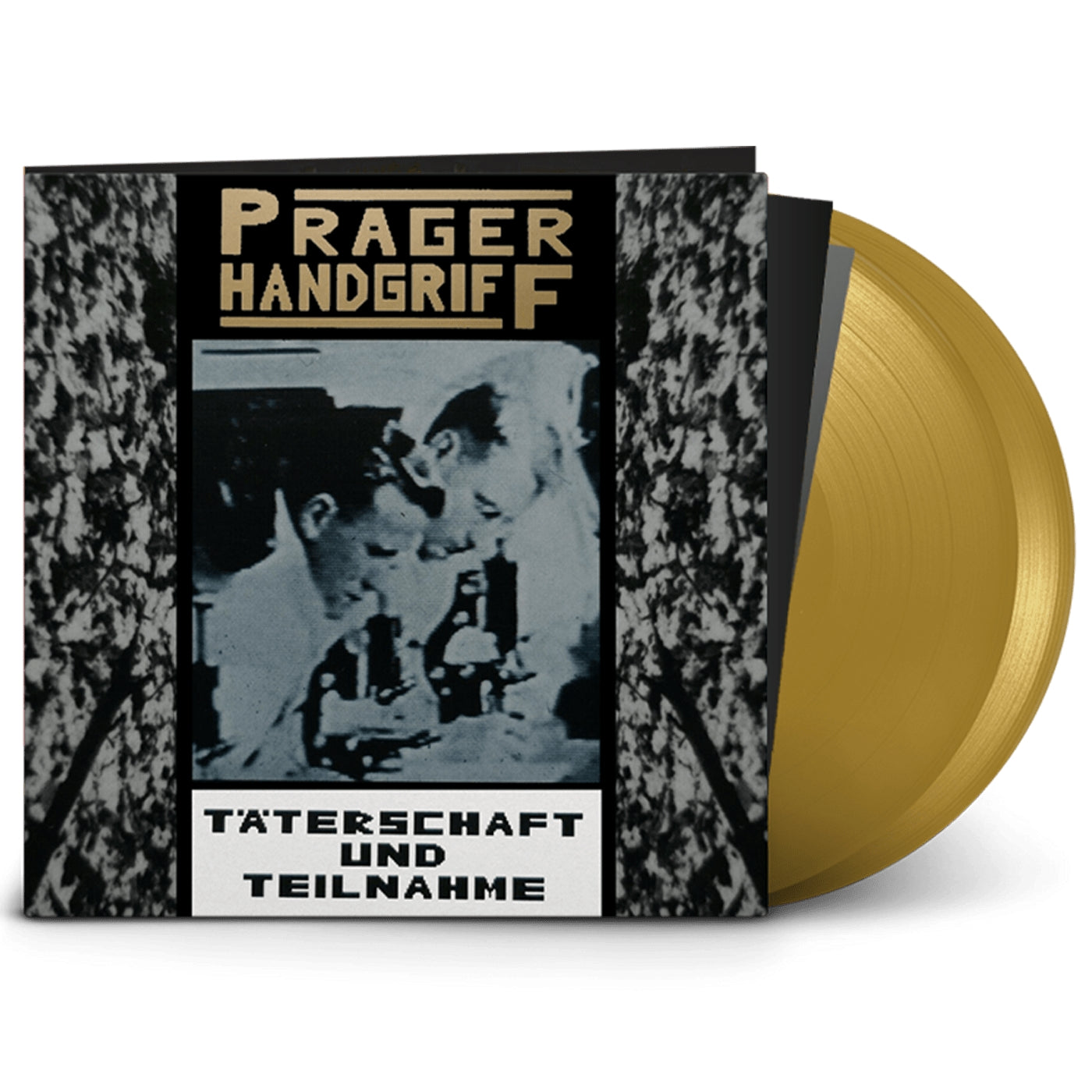 Vinyl record with a black and white album cover featuring text and an image of two people.