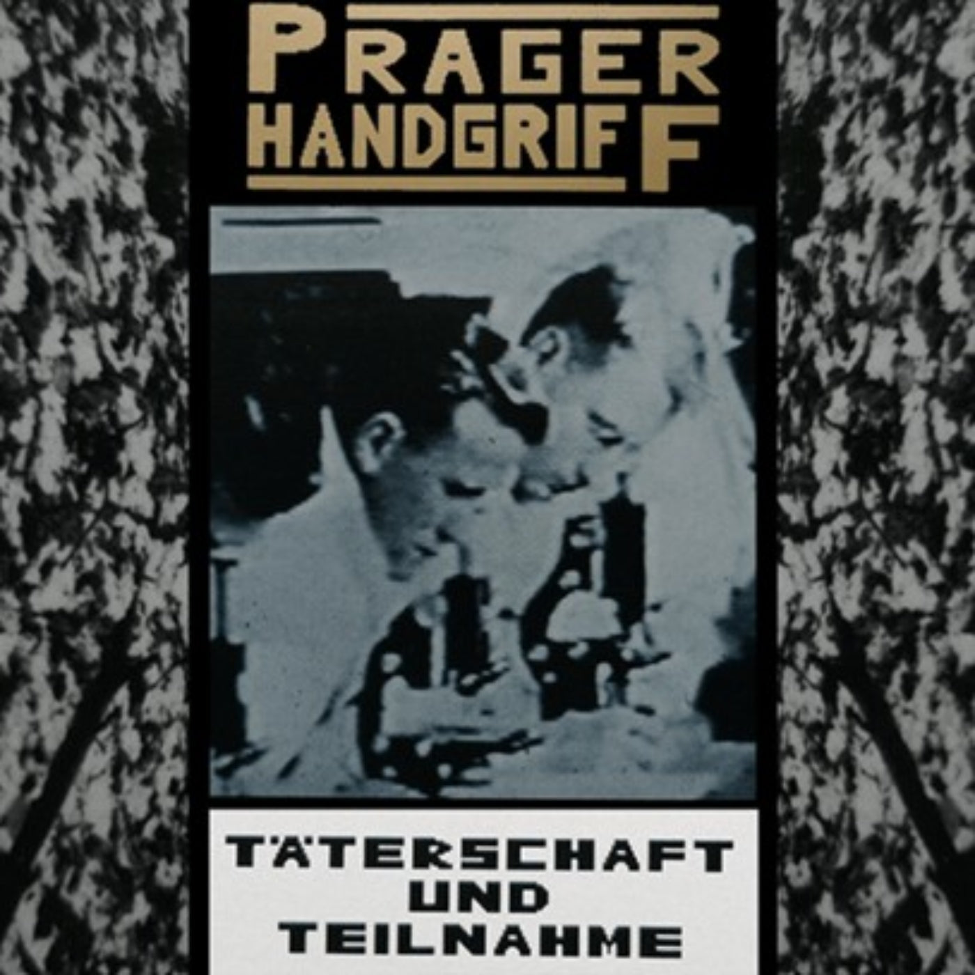 Vintage black and white poster with text 'Prager Handgriff' and 'Täterschaft und Teilnahme' featuring two people at a microscope.