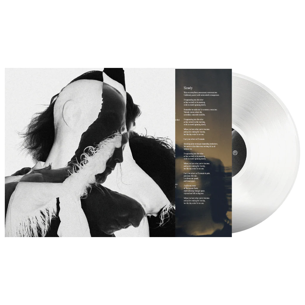 Vinyl record with a black and white cover featuring two people embracing, and a text sleeve on a white background.