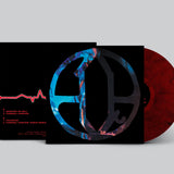 Vinyl record with a black cover featuring a blue and red design on a gray background
