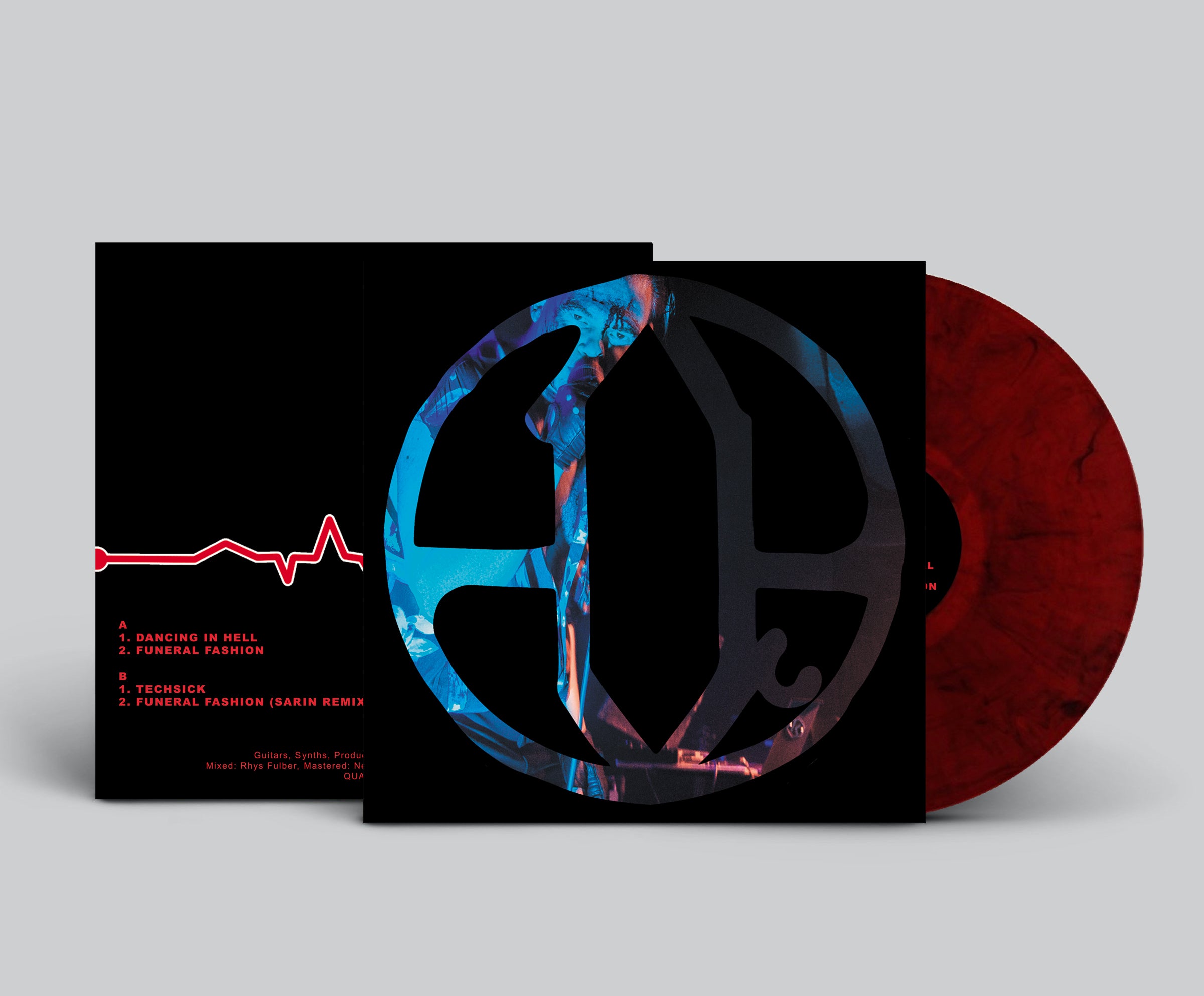 Vinyl record with a black cover featuring a blue and red design on a gray background