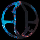 Circular symbol with blue and black design on a black background